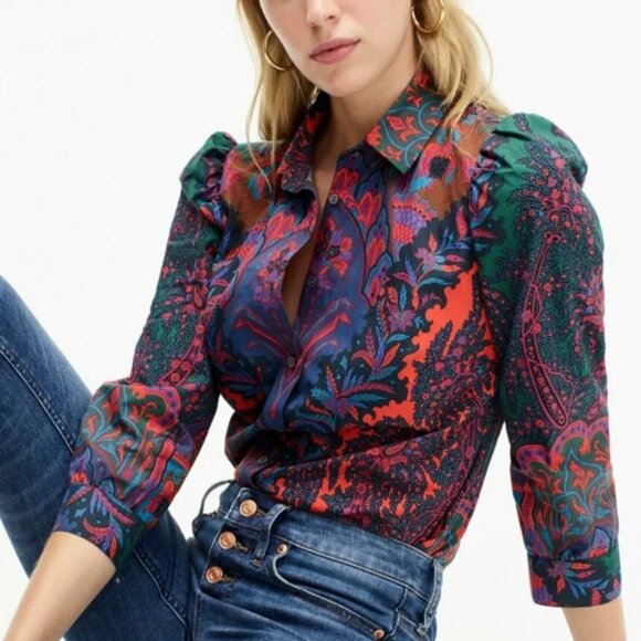 J. Crew Paisley Ratti Scarf Print Blouse Shirt 16 Button Front Puff Sleeve AC210 - Picture 1 of 10